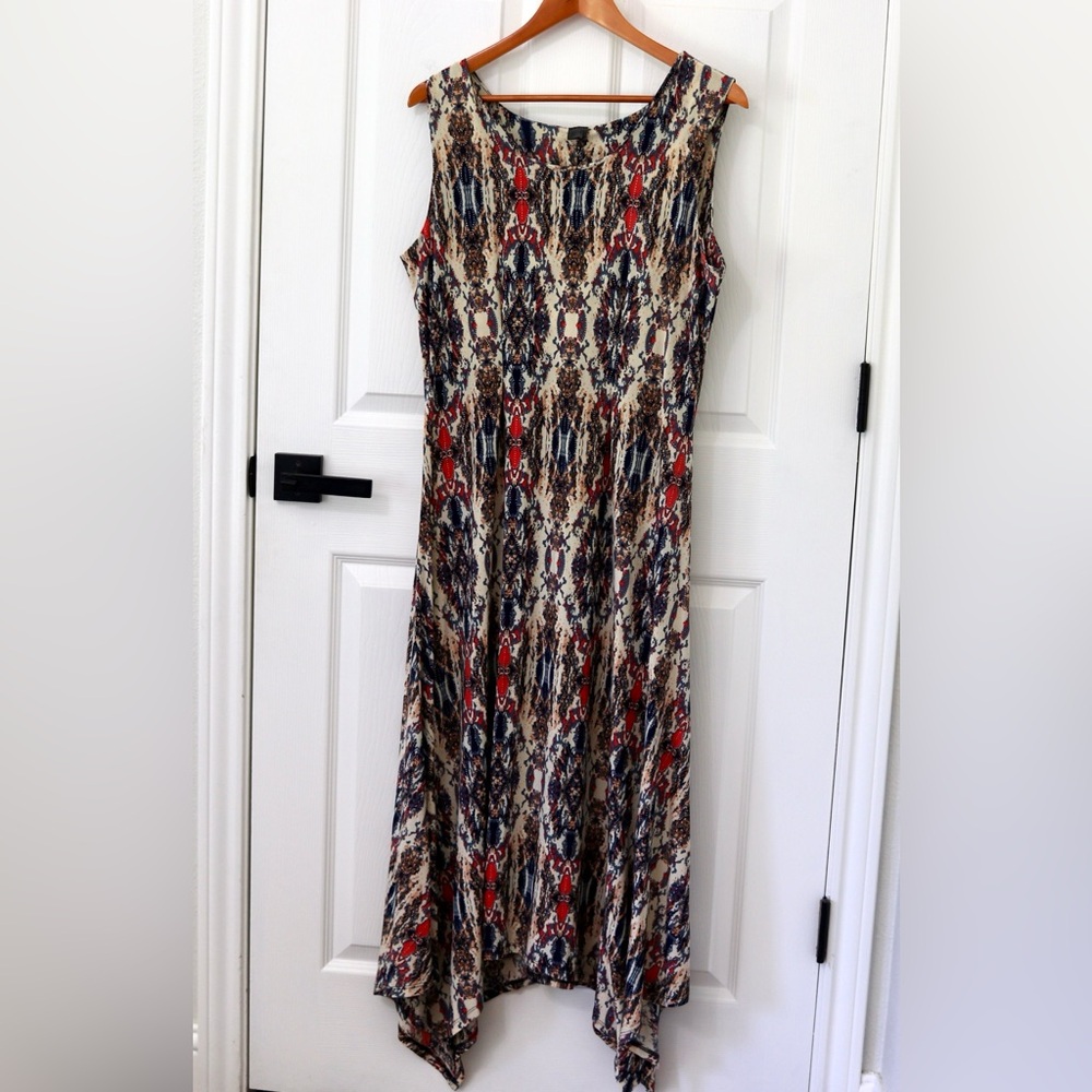 Sleeveless Printed Maxi Dress in Beige and Navy handkerchief hem